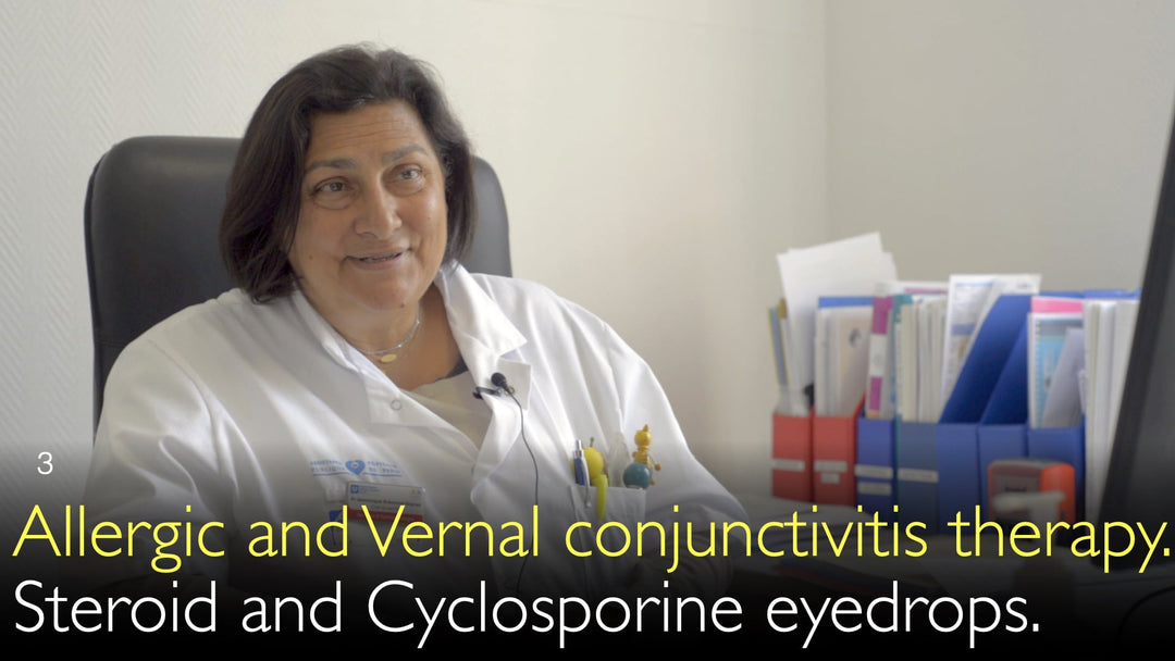 Conjonctivite allergique et prise en charge de la conjonctivite vernale. Collyres corticoïdes et collyres à base de ciclosporine.