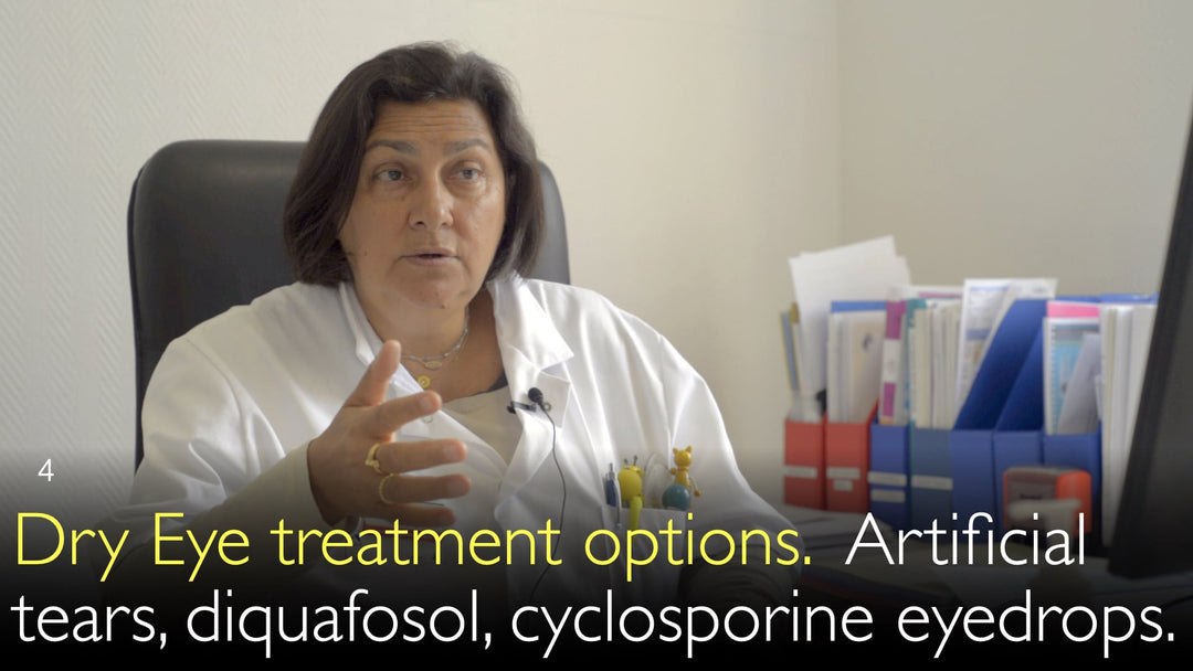 Options de traitement du syndrome de l'œil sec : larmes artificielles, collyre au diquafosol, collyre à la cyclosporine.